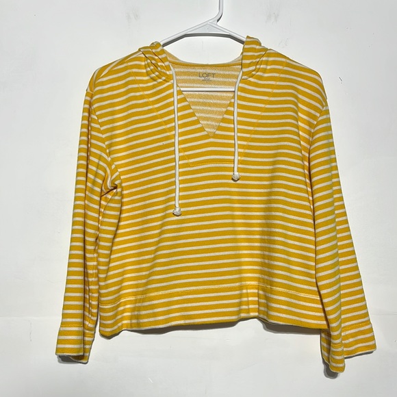 LOFT Tops - LOFT Outlet Yellow White Stripped V-Neck Crop Pullover Hooded Sweatshirt Size S